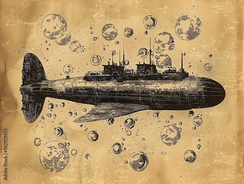 Vintage illustration of a submarine with grunge texture. photo