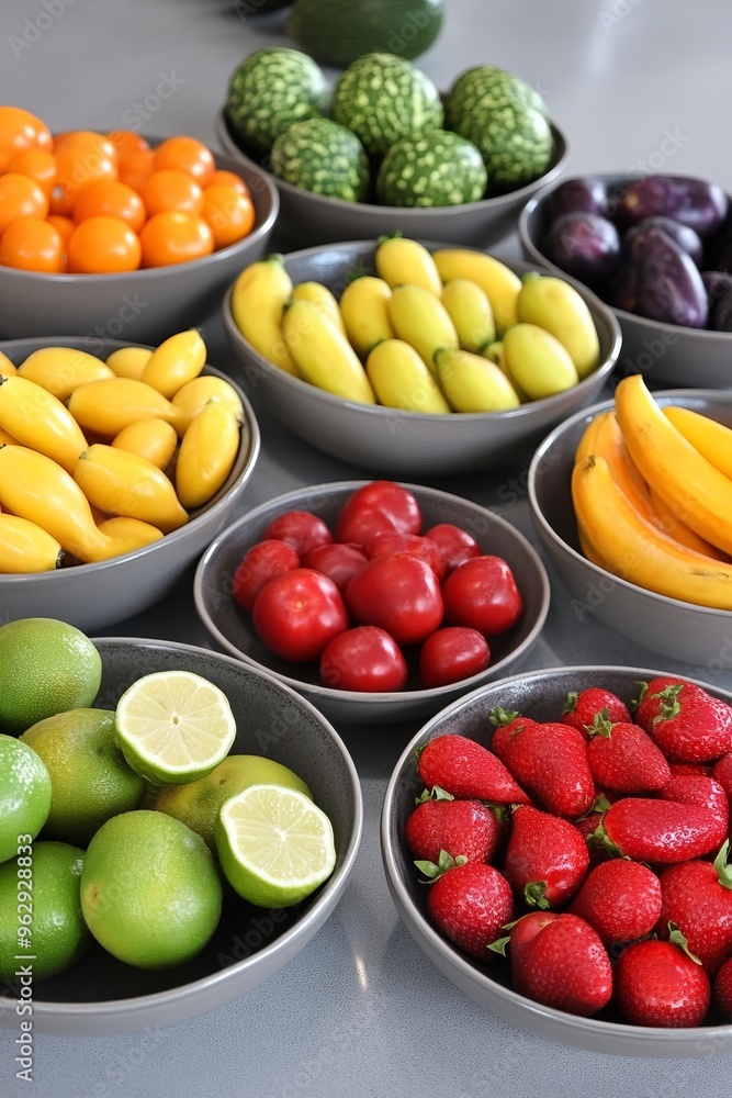 A clean, modern kitchen with a variety of fresh fruits and vegetables displayed in bowls A clean, modern kitchen with a variety of fresh fruits and vegetables displayed in bowls