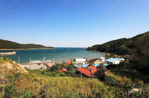 Deokjeokdo Island, Ongjin-gun, Incheon, South Korea - October 09, 2020: Roofs of houses at a fishing village of Soyado Island
 photo