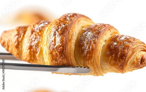 Artisanal Close-up of Golden-Brown Croissant on Tongs, High Resolution Detailed Photo with Small Depth of Field and Natural Lighting on White Background