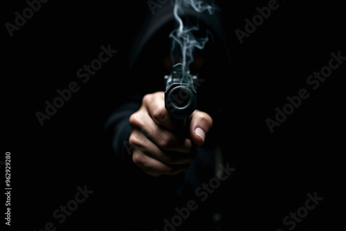 Smoke coming out of a gun barrel after shots were fired by an unknown mysterious hooded assailant hidding behind a cover of darkness. Whodunit, murder mystery case, crime drama thriller concept.