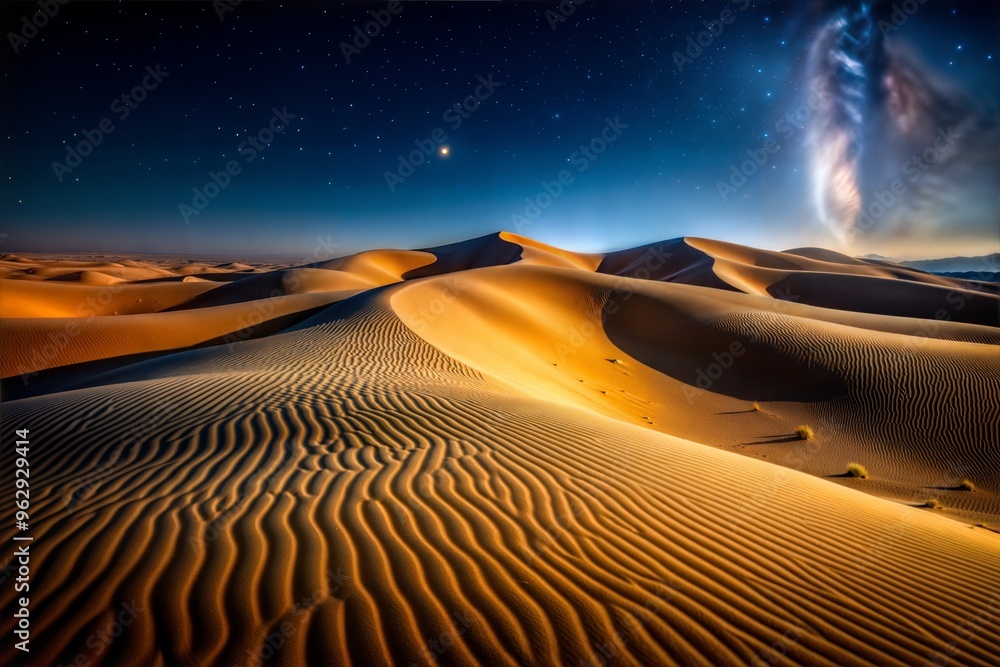Naklejka premium Golden desert dunes under starry sky with unique celestial formation