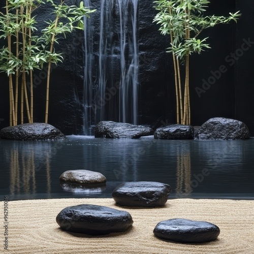 Serene Zen Garden with Cascading Waterfall, a tranquil oasis blending lush greenery, smooth stones, and a soothing waterfall for peaceful reflection. photo