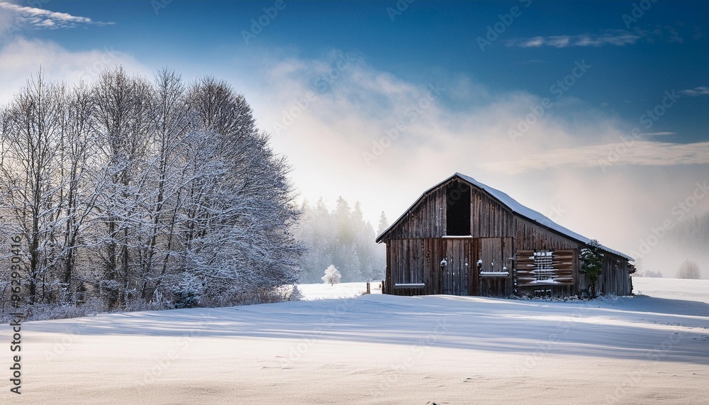 Snow-dusted landscape with old barn Snow-dusted landscape with old barn