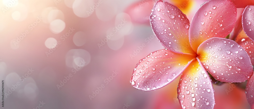 Fototapeta premium Pink Plumeria Flower Petals with Dew Drops Macro Photography