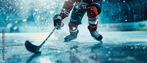 Wallpaper Mural Close up of red skates, stick of hockey player at the ice rink arena in motion. Hockey competition at ice stadium. Winter professional  hockey  tournament. Generative ai  Torontodigital.ca