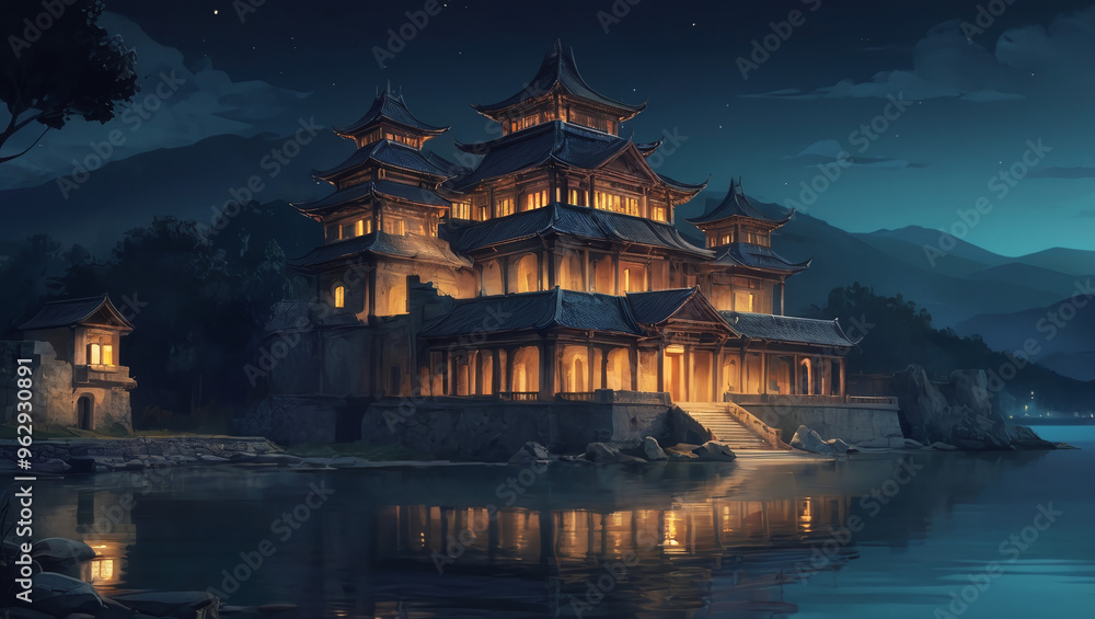 Obraz premium illustration of an ancient building by the lake at night