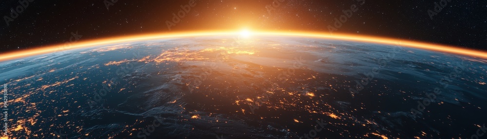 Majestic view of Earth at sunrise, showcasing vibrant colors and the curvature of the planet against the dark sky. Majestic view of Earth at sunrise, showcasing vibrant colors and the curvature of the planet against the dark sky.