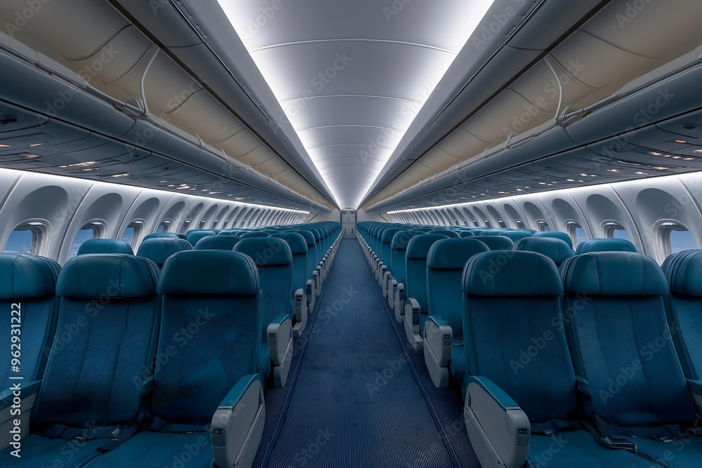 Fototapeta premium Airplane cabin interior passenger jet plane modern boeing empty seats.