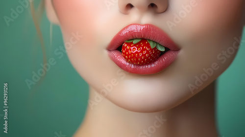 A woman bites into a strawberry.