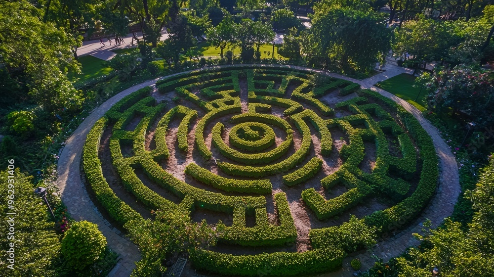 Aerial View of a Circular Green Hedge Maze in a Park Aerial View of a Circular Green Hedge Maze in a Park