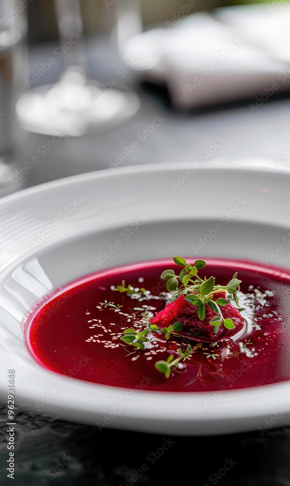 Modern fine dining presentation of beetroot soup in white bowl, elegantly garnished with herbs