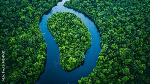 Aerial View of a Serpentine River Winding Through Lush Green Rainforest photo