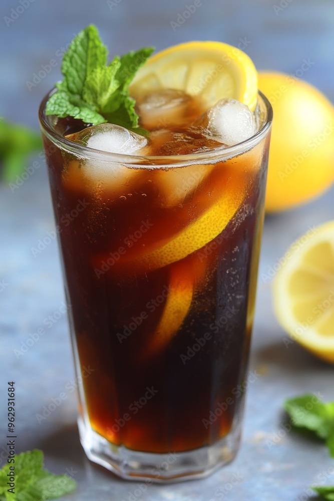 A close-up of a refreshing iced tea with lemon slices and mint leaves in a tall glass A close-up of a refreshing iced tea with lemon slices and mint leaves in a tall glass