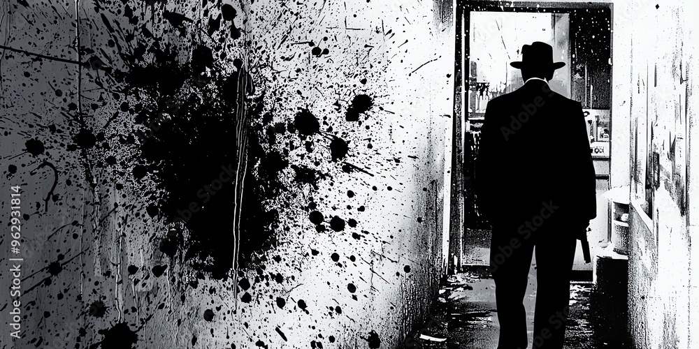 Mysterious figure in a fedora walks through a doorway with a splattered wall behind him. Mysterious figure in a fedora walks through a doorway with a splattered wall behind him.