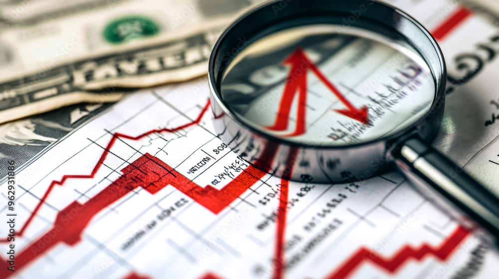 A striking composition shows a red arrow pointing downwards along with a magnifying glass and dollar bills against a white background, symbolizing financial decline A striking composition shows a red arrow pointing downwards along with a magnifying glass and dollar bills against a white background, symbolizing financial decline