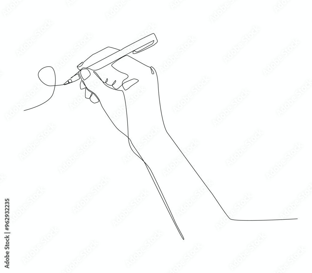 Obraz premium continuous line drawing of hand drawing line with pen on a table.