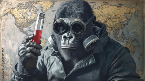 A powerful gorilla in a gas mask presents a test tube filled with red liquid, set against a shadowy world map, highlighting global health concerns photo