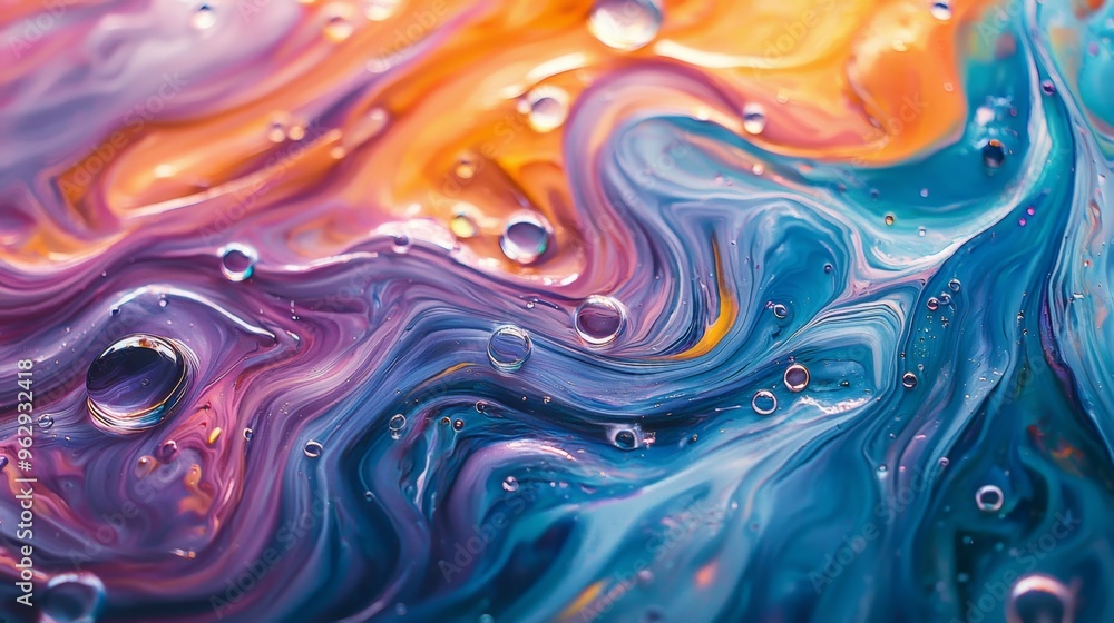 Abstract Swirling Liquid Art with Vibrant Colors and Bubbles