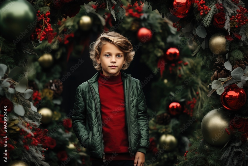 Young boy wearing a green jacket stands among festive decorations in a winter setting Young boy wearing a green jacket stands among festive decorations in a winter setting
