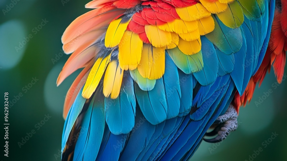 Obraz premium Colorful Parrot Feathers Close Up Blue Yellow Red Green Texture Background