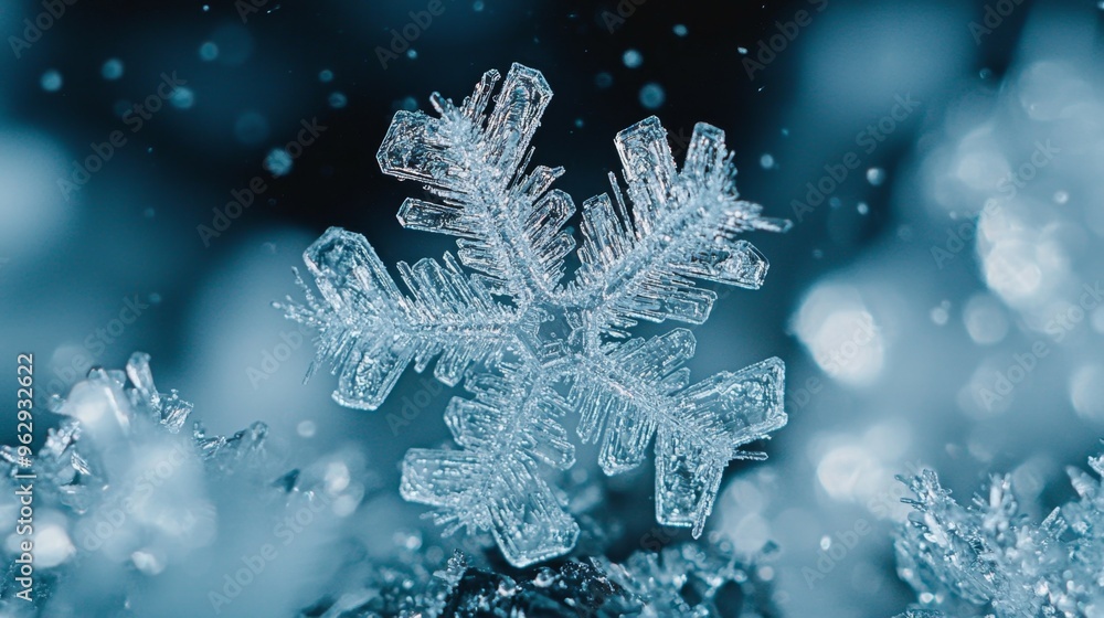 Macro Photography of a Single Snowflake Crystal on a Blue Background Macro Photography of a Single Snowflake Crystal on a Blue Background