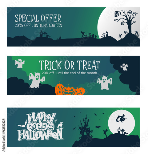 Halloween web banner trick or treat special offer with dark shadow green and blue scary pumpkins ghosts witch and haunted house