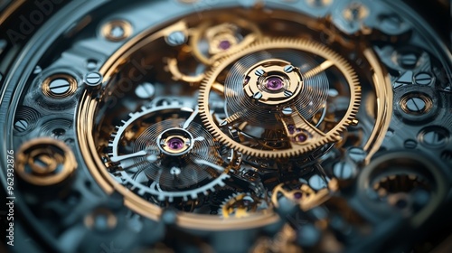 Close up of Complex Watch Mechanism with Gold Gears and Screws