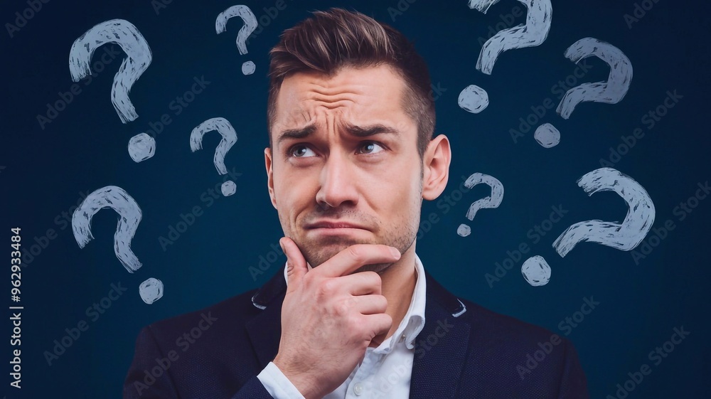 Thoughtful man contemplating with question marks, puzzled expression on blue background