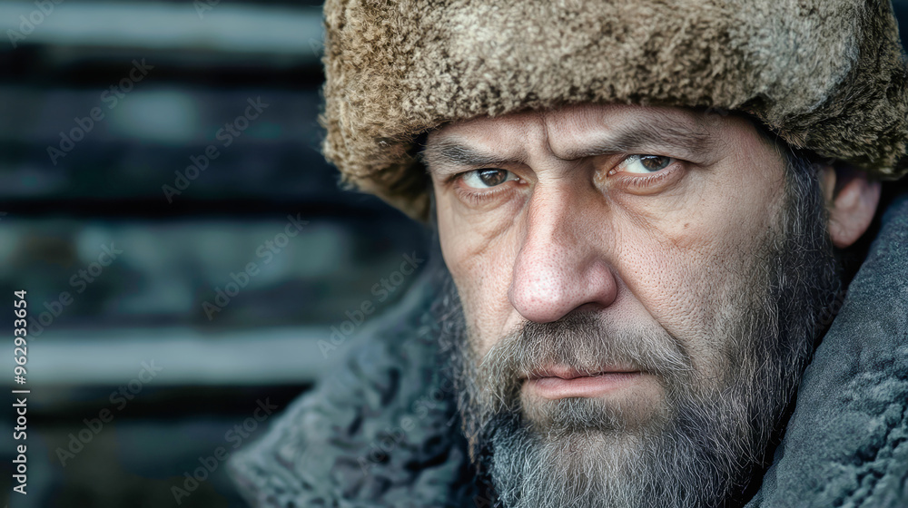 The man gazes intensely, his beard and fur-lined hat capturing the harshness of winter, echoing stories of strength and survival from the Soviet era The man gazes intensely, his beard and fur-lined hat capturing the harshness of winter, echoing stories of strength and survival from the Soviet era