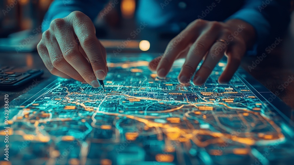 Close-up of a hand using a stylus on a digital map with glowing lines.