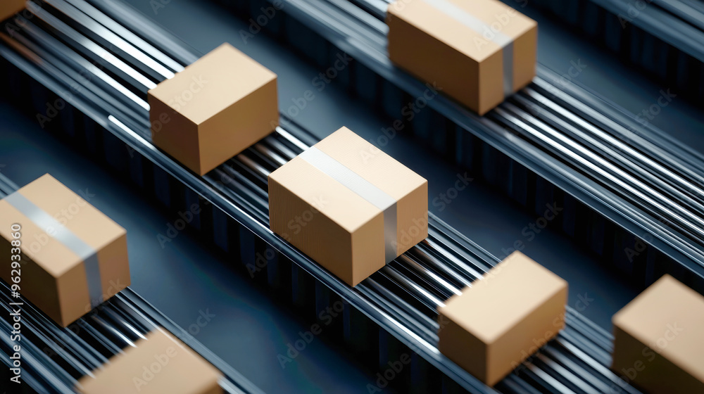 Parcels move steadily on a sleek conveyor belt in a modern warehouse, illuminated by soft lighting that enhances the night atmosphere and creates a dynamic setting Parcels move steadily on a sleek conveyor belt in a modern warehouse, illuminated by soft lighting that enhances the night atmosphere and creates a dynamic setting