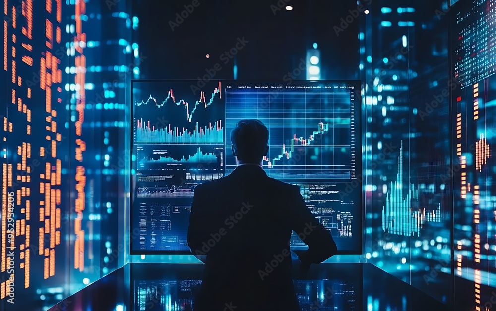 Digital Investment Analysis: Investment Banker Monitoring Holographic Market Trends in Modern Office Setting Digital Investment Analysis: Investment Banker Monitoring Holographic Market Trends in Modern Office Setting