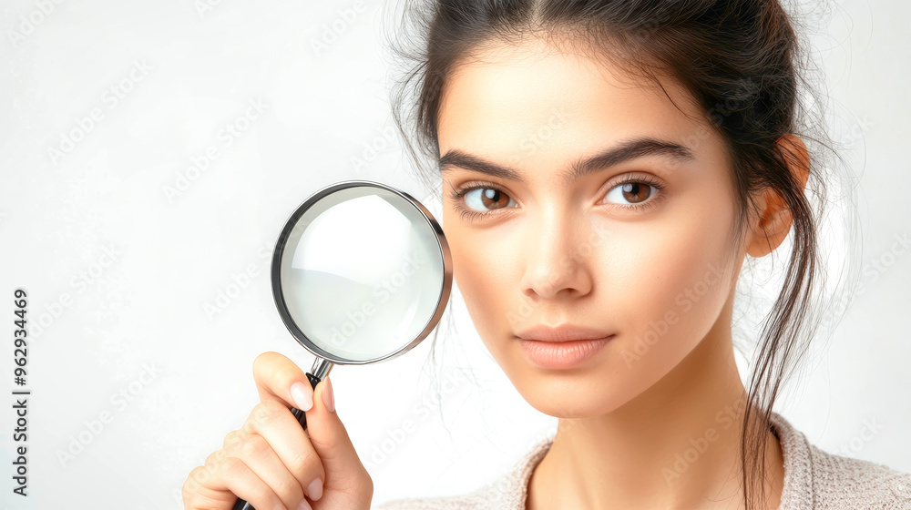 A woman intently gazes through a magnifying glass, engaging viewers with her intense focus, inviting curiosity and exploration into the unknown A woman intently gazes through a magnifying glass, engaging viewers with her intense focus, inviting curiosity and exploration into the unknown