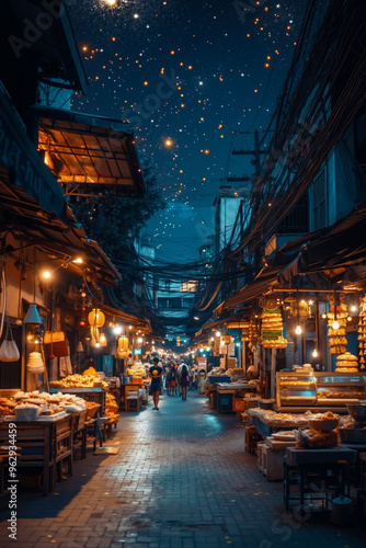 A street filled with lots of food and people walking down it