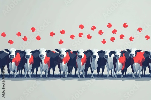 Identical cows lined up in minimalist graphics, uniformity of factory farming displayed through simple shapes, highlighting the mass production and commodification of livestock. photo