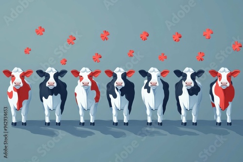 Identical cows lined up in minimalist graphics, uniformity of factory farming displayed through simple shapes, highlighting the mass production and commodification of livestock. photo