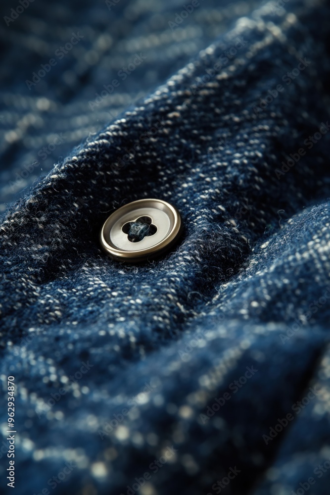 Blue denim fabric close-up shows unique texture with white and blue stripes. Wrinkled surface adds depth. Small round button with white center visible in top right corner. Blue denim fabric close-up shows unique texture with white and blue stripes. Wrinkled surface adds depth. Small round button with white center visible in top right corner.