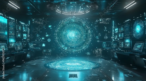 Futuristic Technology Control Room with Holographic Interface and Monitors