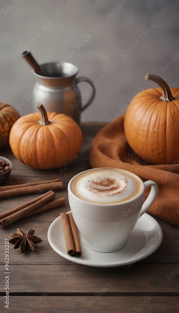 Cozy Autumn Cappuccino: A Close-Up of Freshly Brewed Coffee with Pumpkin and Cinnamon Accents Cozy Autumn Cappuccino: A Close-Up of Freshly Brewed Coffee with Pumpkin and Cinnamon Accents