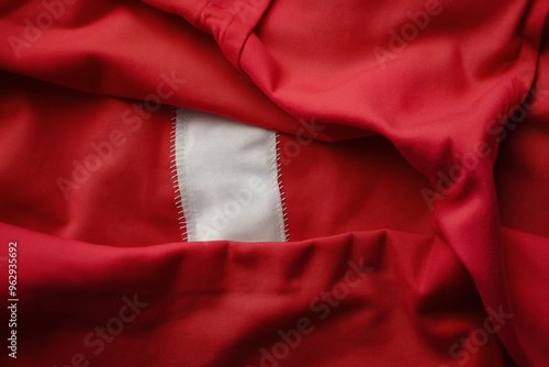 Red fabric close-up shows white border with tear revealing underlying material. Crumpled texture adds depth to image. Blurred background highlights fabric details.