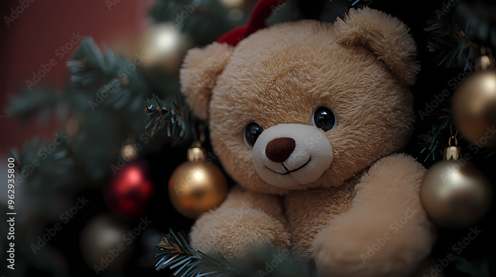 Teddy bear among Christmas tree ornaments Teddy bear among Christmas tree ornaments