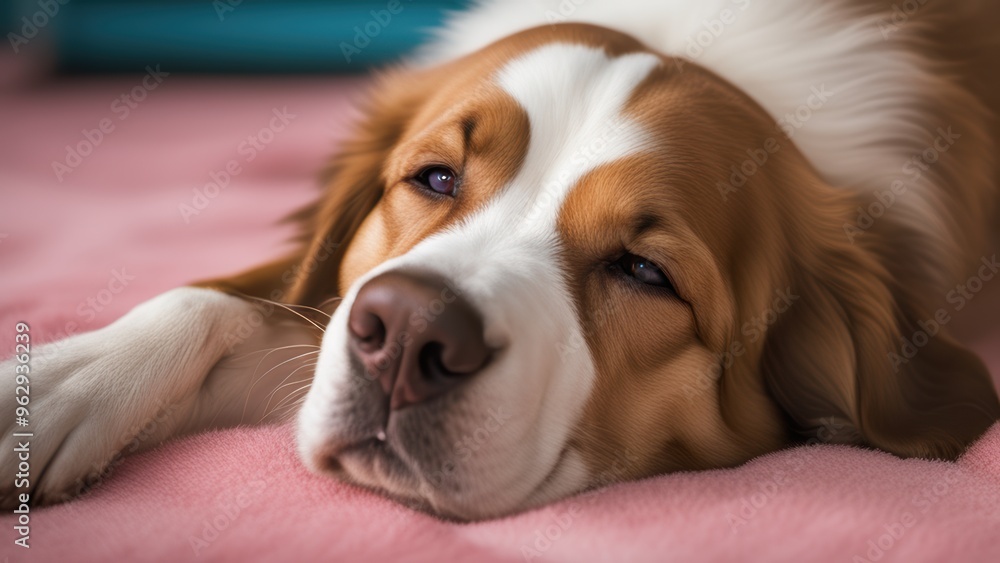 A cute golden-brown dog lies relaxed on a soft surface head on pillow with a contented expression. A cute golden-brown dog lies relaxed on a soft surface head on pillow with a contented expression.