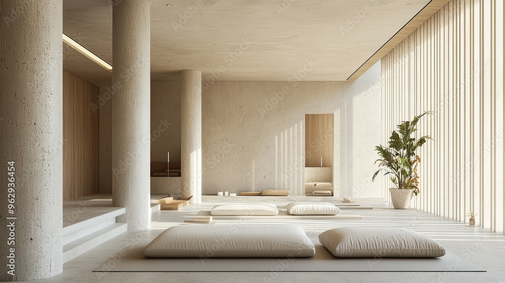 Fototapeta premium Minimalist Concrete and Wood Meditation Room with Cushions