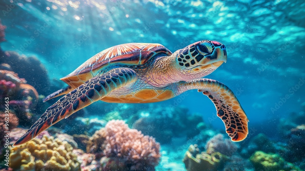 Fototapeta premium Sea Turtle Swimming Through Coral Reef Underwater