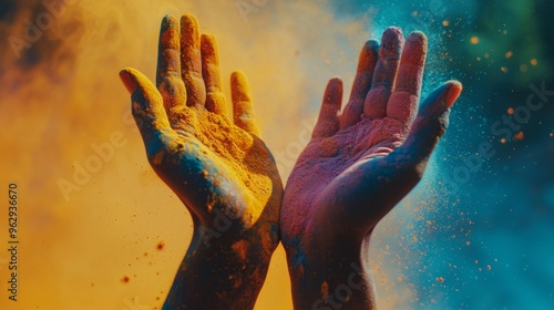 Colorful Holi Festival Celebration with Hands in Yellow and Blue Powder