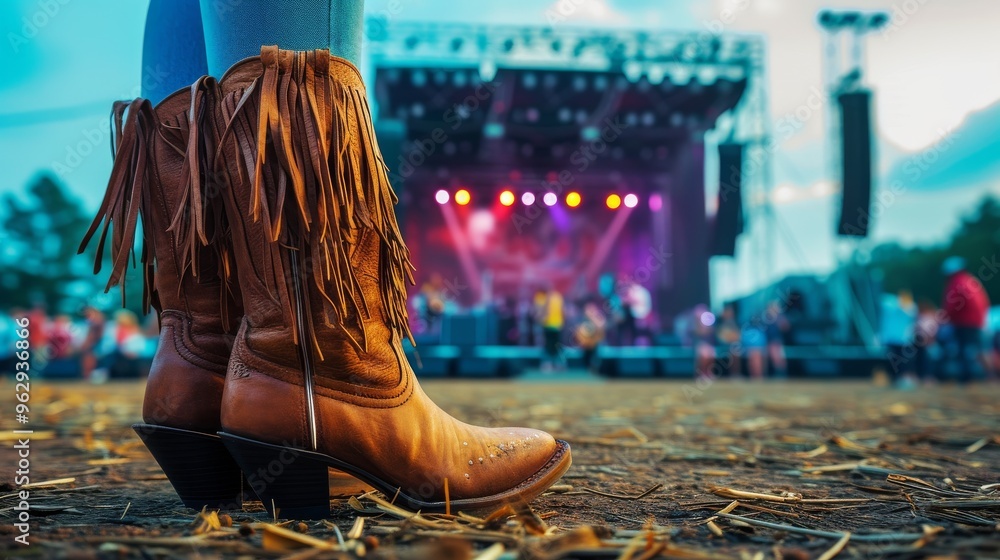 A close-up view of brown fringed boots on a festival ground, with a colorful stage in the background. The vibrant setting and unique footwear capture the essence of a lively music event. A close-up view of brown fringed boots on a festival ground, with a colorful stage in the background. The vibrant setting and unique footwear capture the essence of a lively music event.