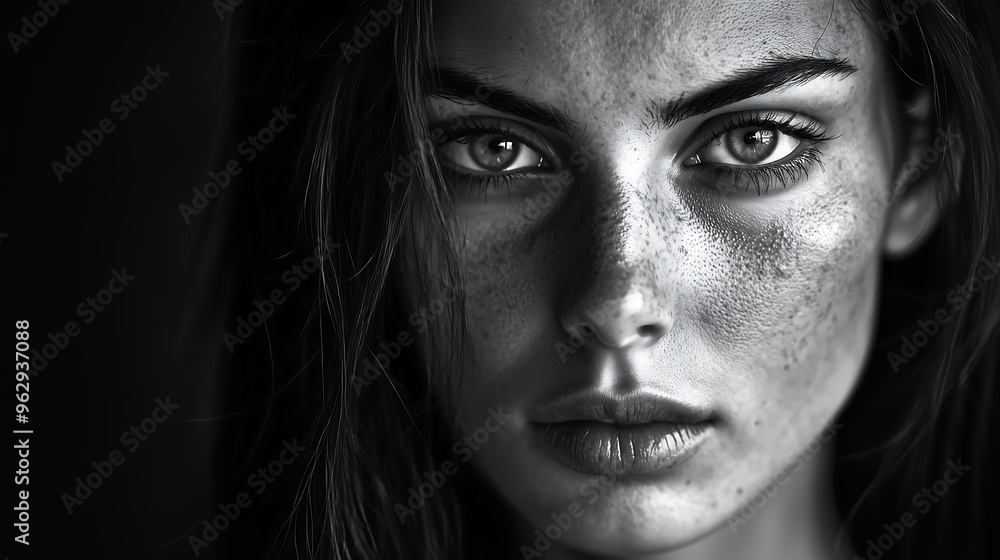 Intense Black and White Close-Up Portrait of a Woman with Piercing Eyes Intense Black and White Close-Up Portrait of a Woman with Piercing Eyes