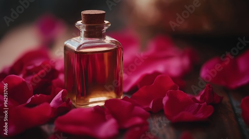 A small bottle of rose oil sits on a wooden table surrounded by rose petals. photo