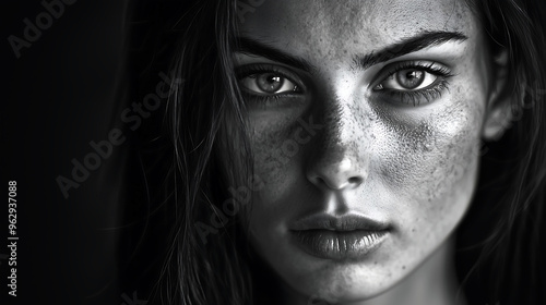 Intense Black and White Close-Up Portrait of a Woman with Piercing Eyes